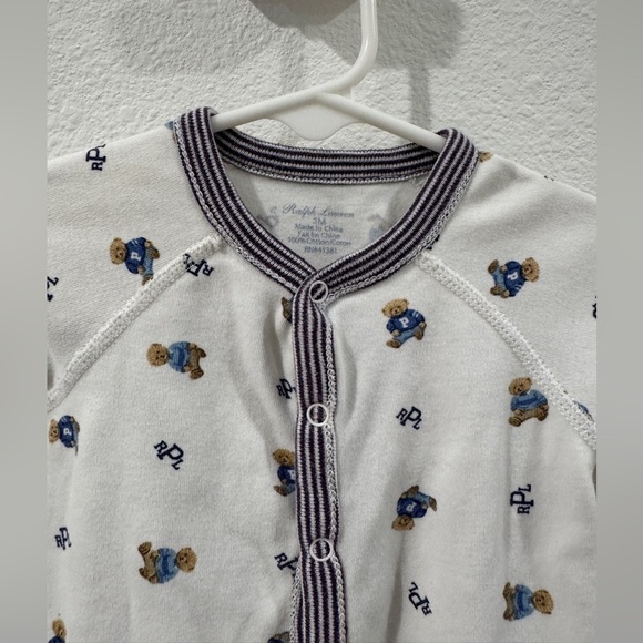 Ralph Lauren Polo Bear Cotton Footed White Striped Logo Coverall Size 3 Months - Picture 3 of 15